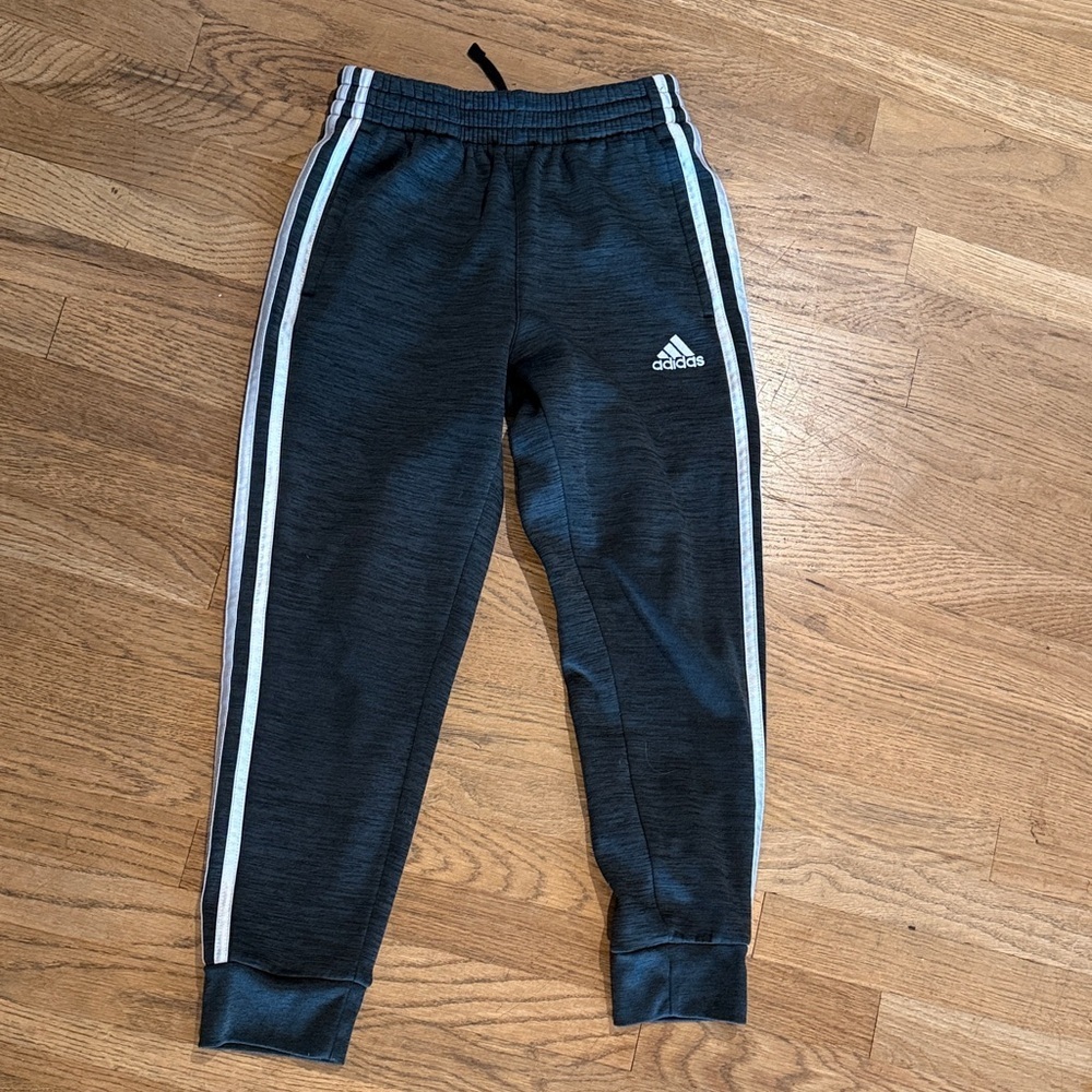 Adidas Kids Charcoal Joggers with White Stripes size small 8